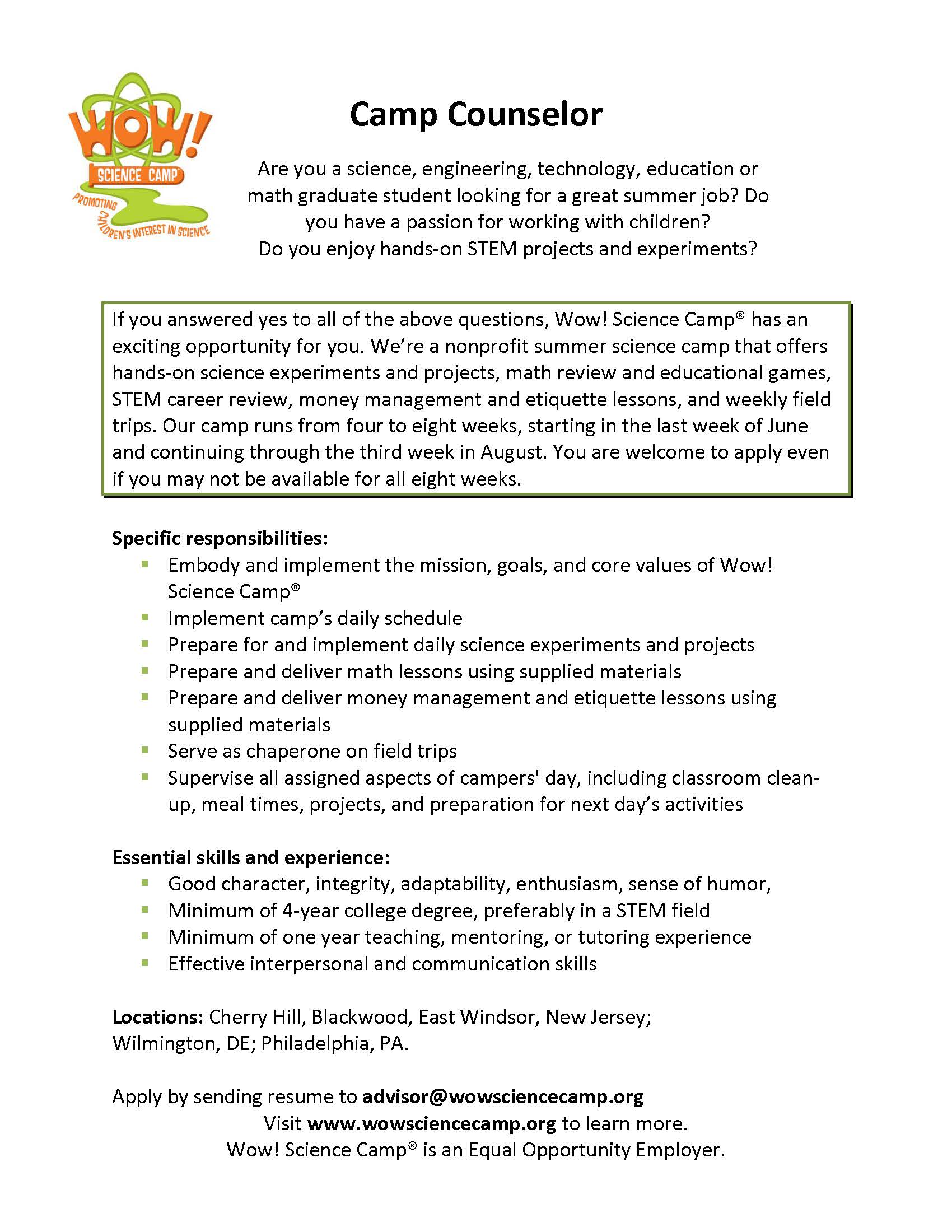 Cover letter summer camp position