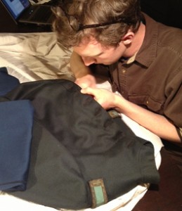 Tyler Putman sewing. His tailoring skills will come in handy this summer while working at Colonial Williamsburg.