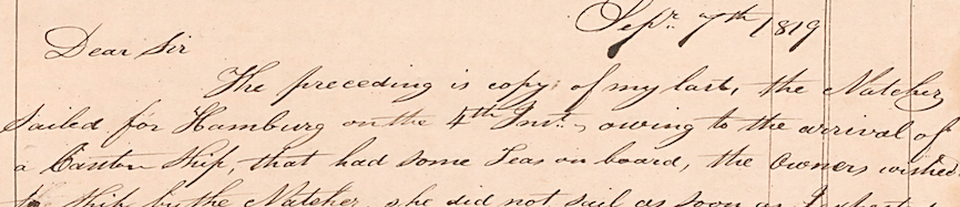 Detail of the letter my students transcribed from John Latimer, Sept. 1819, 60×1.9, Col. 235, Downs Collection of Manuscripts and Printed Ephemera, Winterthur Library