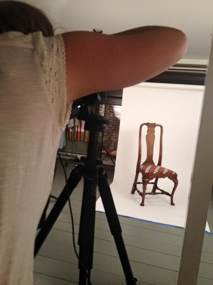 Practicing our photography skills on a Queen Anne chair