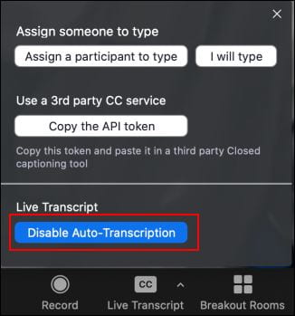screenshot showing Zoom live transcript popup with the disable auto-transcription button