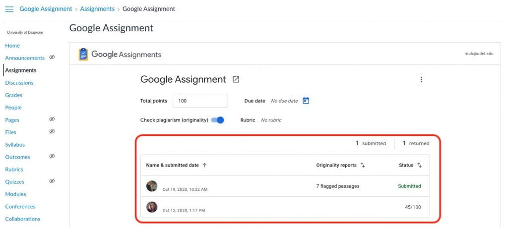 screenshot showing how to view the originality report overview for a Google assignment