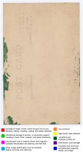 Photograph postcard back with polychrome marks to indicate deterioration