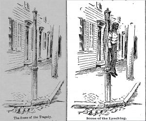 Two newspaper images prints, one showing a lamp post, the other the same lamp post with the body of a hanged man.