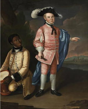 Painted portrait of a young White boy standing with a Black man kneeling to his left, in a landscape