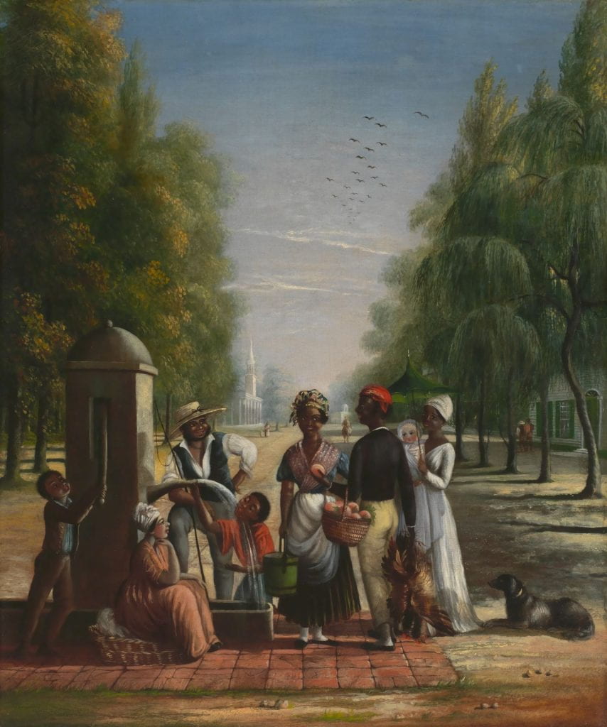 An oil painting depicting eight people (five adults and three children) and a dog gathered around a water fountain. One woman seated in the foreground in front of the fountain sits on a basket of laundry.