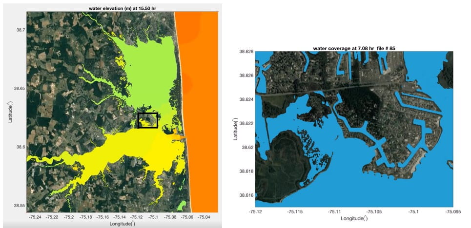 A NearCoM simulation of Inland Bays flooding (left) with emphasis on impact to a local community (right). The challenge of such simulation is the multi-scale nature of the problem and how to speed up the computation but still maintain reasonable accuracy.  