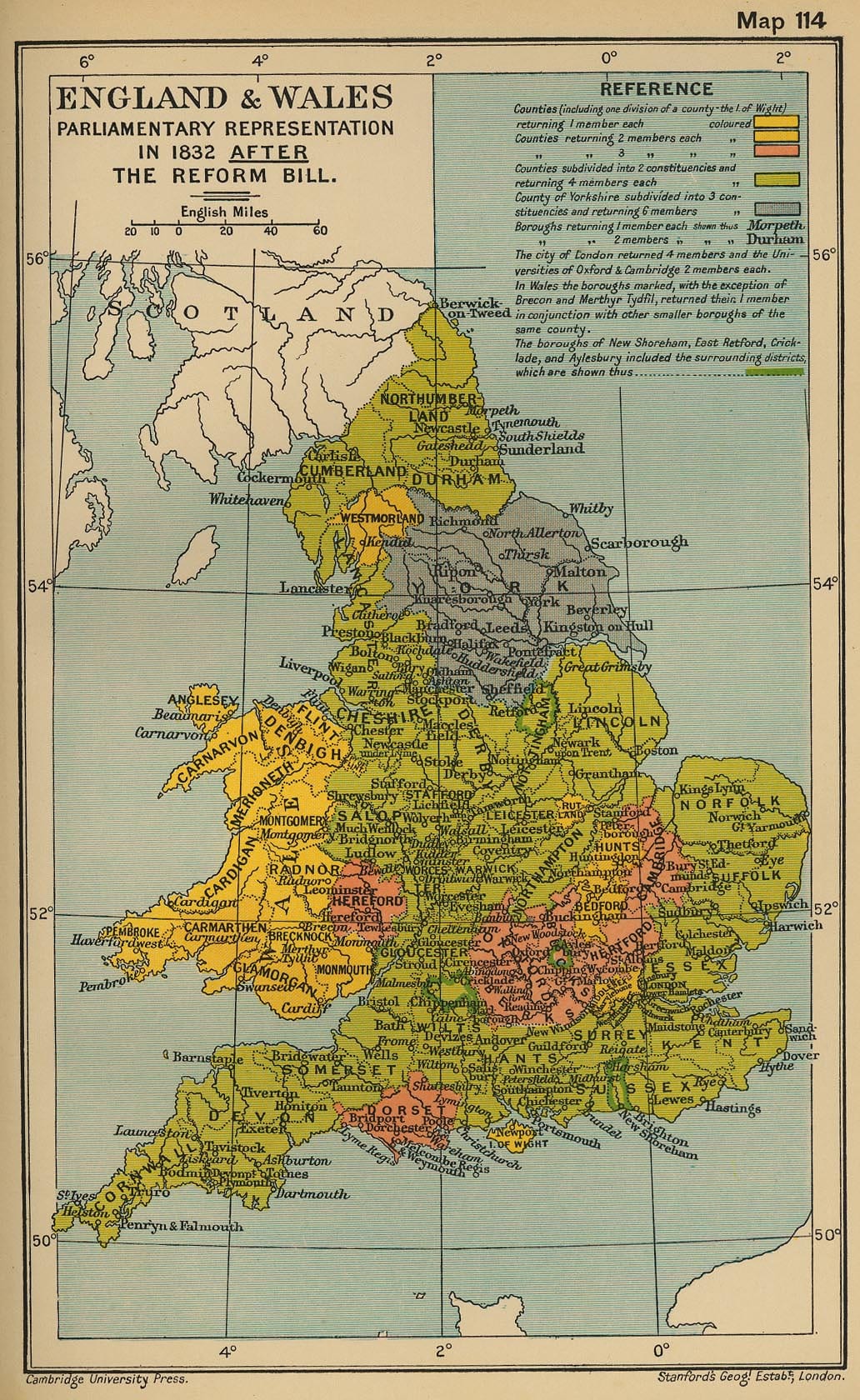 Historical Map of England and Wales: Parliamentary Representation in 1832 - After the Reform Bill