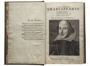First Folio title page showing Martin Droeshout portrait of Shakespeare (Martin Droeshout. Shakespeare. Engraving, 1623. Folger Shakespeare Library)