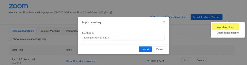 Screenshot showing where the Import meeting tab is located and the popup to enter meeting ID