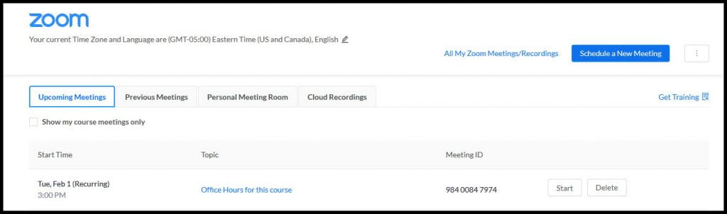 Screenshot to show button to Schedule a New Meeting