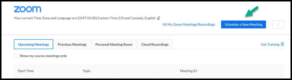 Screenshot demonstrating where the Schedule a new meeting button is located