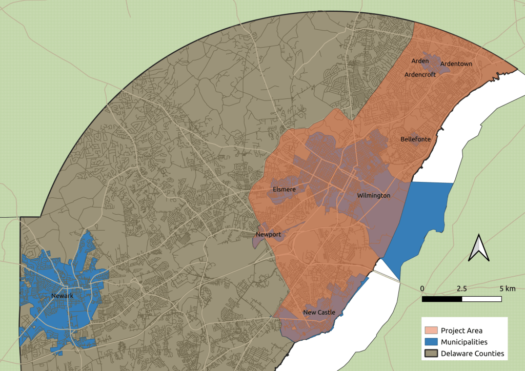 Map of northern Delaware with an orange shaded area around Wilmington, extending west around Elsmere and Newport, south to New Castle, and northeast to Ardentown. 