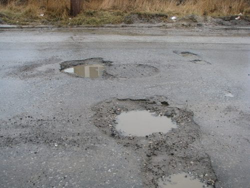 Potholes filled with water and mud