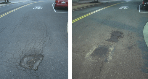 Before and after pothole patching