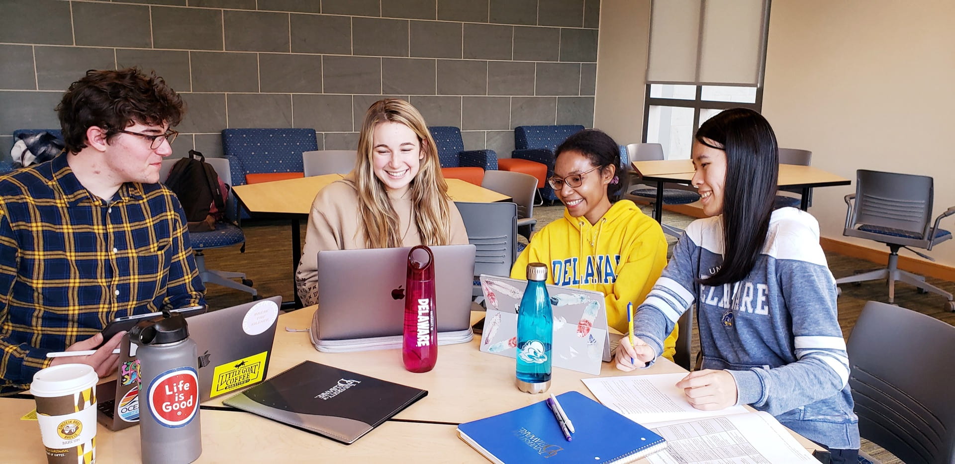 Grad students in Salil Lachke's Biological Sciences research group, training and working with undergraduate members of the team in their Wolf Hall lab. 