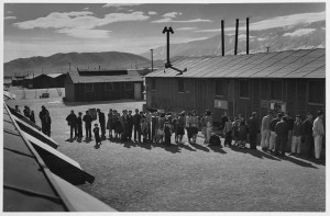 Fig. 1 Ansel Adams. Mess line, noon, Manzanar Relocation Center, California. Library of Congress, 1943.