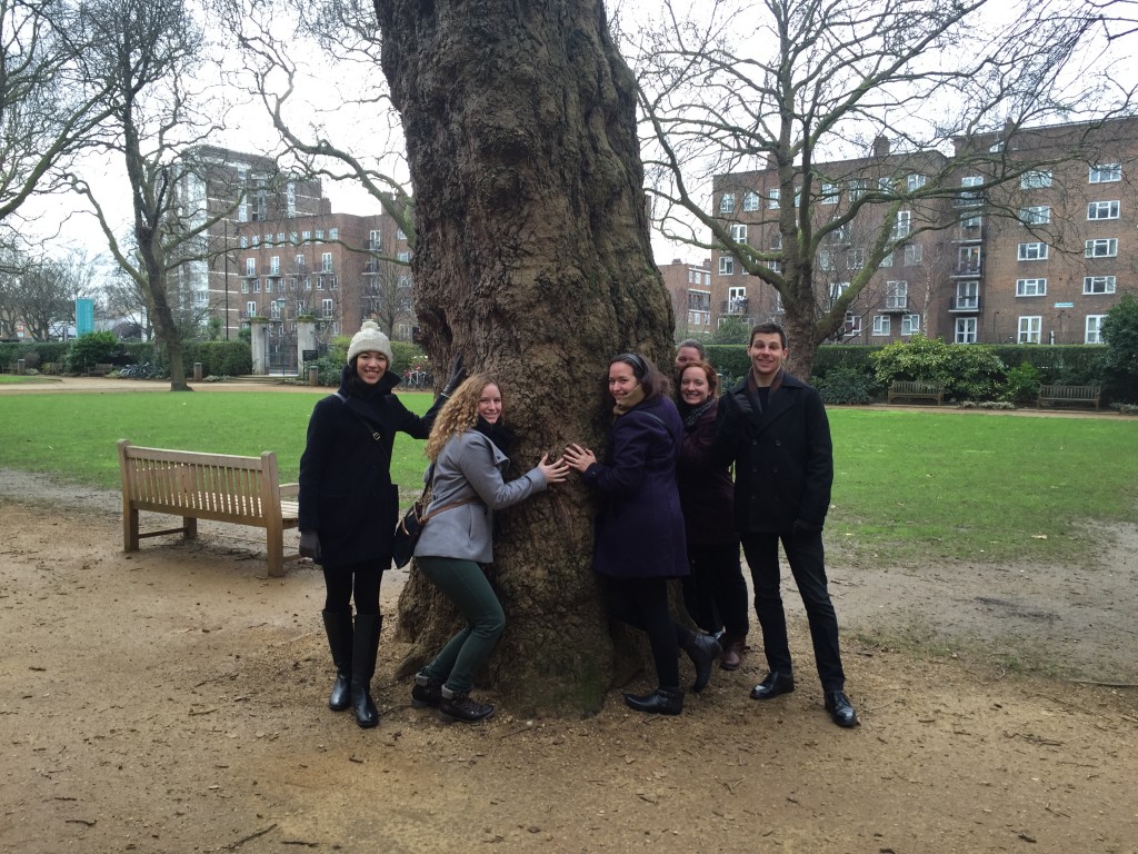 Several fellows gather in front of one of the Geffrye's London plane trees!