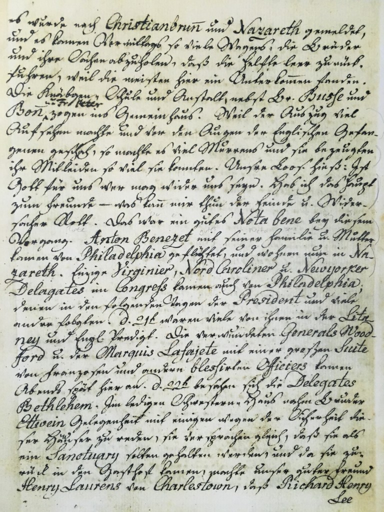 This c. 1740 text describes the founding of the Moravian town of Nazareth in Pennsylvania. Notice the interspersing of Latin place-names among the German kurrent script. 