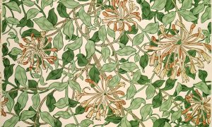 An image of the Honeysuckle wallpaper designed by May Morris in about 1883. The design features pink honeysuckle blossoms with tendril-like petals blooming amid a complex system of overlapping light and dark green vines and leaves. Beneath the vines and leaves is a soft, peach-toned background.