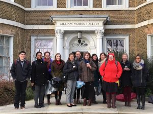 The twelve students enrolled in the 2018 British Design History Class stand together, smiling after their visit to the William Morris Gallery in Walthamstow, London.
