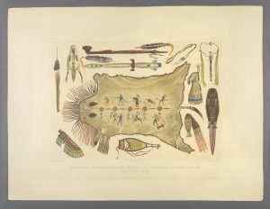 The slightly toned paper shows a faint plate outline enclosing 14 Native American objects including a painted buffalo robe at the center, a knife sheath, snowshoe, two animal fur pouches, a leather pouch, war whistle, two hair ornaments, a pipe, and a Mandan conquest bundle.