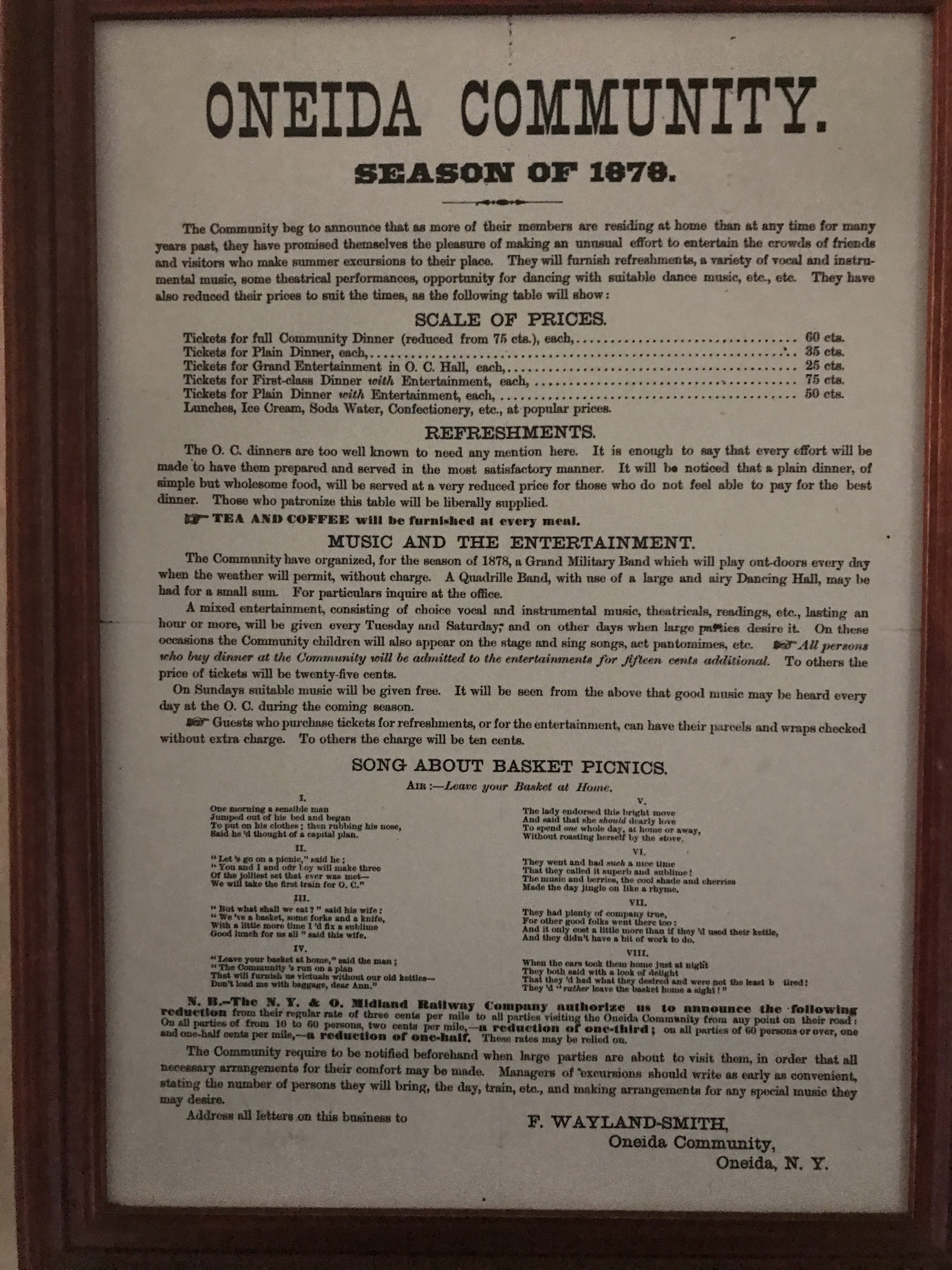 Oneida Tour Schedule + Prices – Broadside for the 1878 season, document outlines the available features for tourists and outlines prices.
