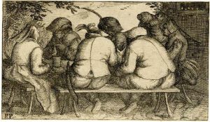 4.In this etching, a group of Dutch peasants are seated on benches around a trestle table. They are engaged in an animated discussion.