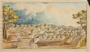 A watercolor painting of Salem, NC around 1852. In the background are houses, business, and community buildings. Dirt streets divide the buildings from one another. Smoke rises from the chimneys of the factories depicted in the left foreground. Those factories are the Salem Cotton Factory and the Fries Woolen Mill.