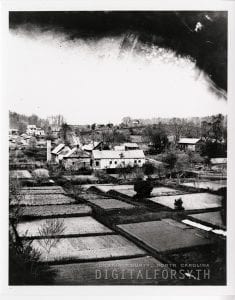 This photograph depicts part of the village of Salem. In the foreground are gardens and in the background are buildings. Trees scatter the landscape and walkways separate the different gardens.