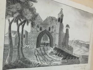 Drawing of country path leading to a medieval gate with a valley backdrop.