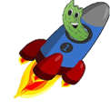A pickle with a smiling face looks out the window of a gray, blue, and red rocket blasting off into space.