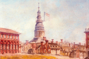 A watercolor painting of the city of Annapolis, Maryland. Most prominent is the Maryland State House, which towers over the residential and commercial buildings in the composition. A flag created by John Shaw is attached to the Capitol building.