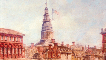 A watercolor painting of the city of Annapolis, Maryland. Most prominent is the Maryland State House, which towers over the residential and commercial buildings in the composition. A flag created by John Shaw is attached to the Capitol building.