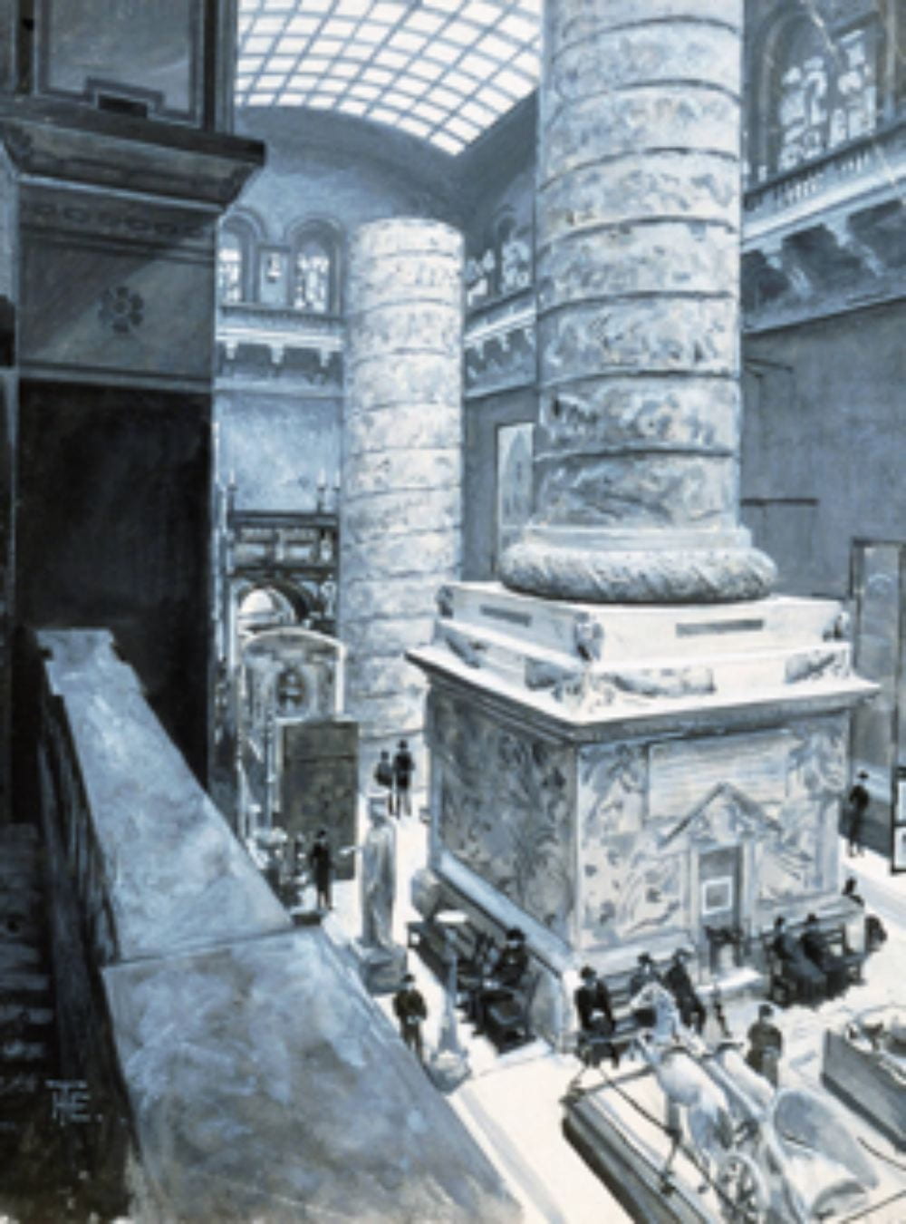 Alt Text: A black and white drawing looking down from a balcony into a museum gallery. Plaster casts of various classical and Renaissance sculpture clutter the floors surrounding a giant column in two pieces. People dressed in dark clothing sit on benches at the base of the column, some of them sketching.