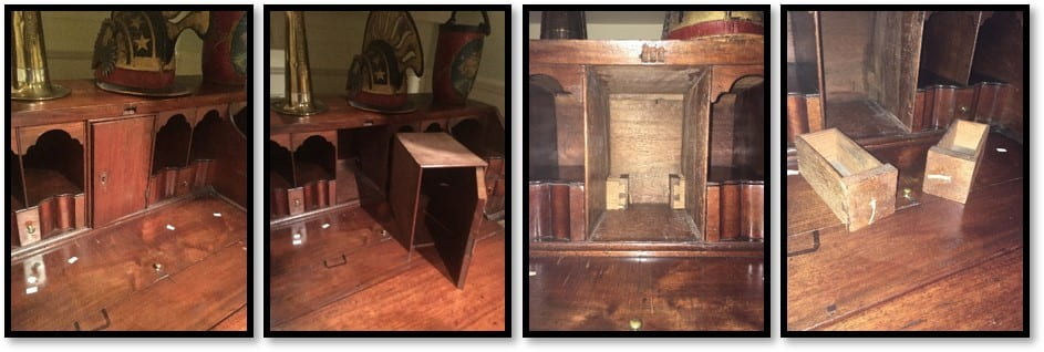 A series of four images in progression showing the interior of a desk, the central prospect of the desk being removed, and two small wooden drawers revealed behind the prospect.
