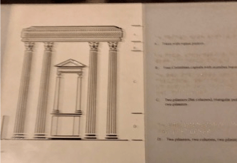 Alt Text: A black line drawing in relief of a classical entablature resting on four fluted pilasters. Between the two center pilasters is a pediment atop two columns. To the left of the drawing are black relief lines sectioning off the various sections of the classical façade, and there is both black text and Braille describes each section.