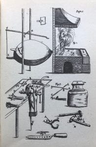 A black-and-white print of a hearth and bellows, and anvil, a work bench, and various tools of a blacksmith’s trade strewn about. 