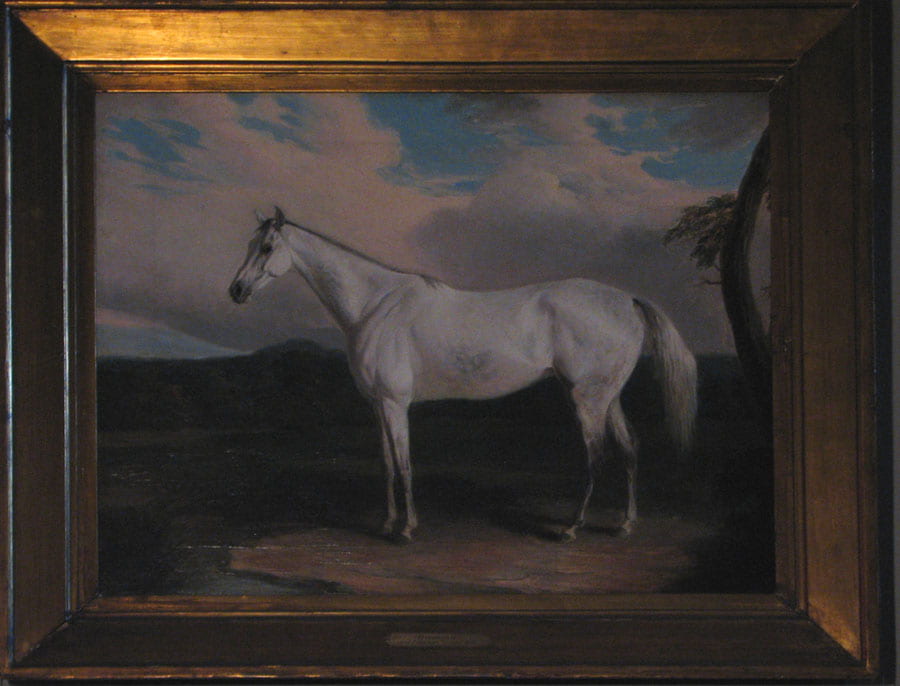 Figure 2. Painting of white horse facing left in outdoor environment with river, hill, and tree.