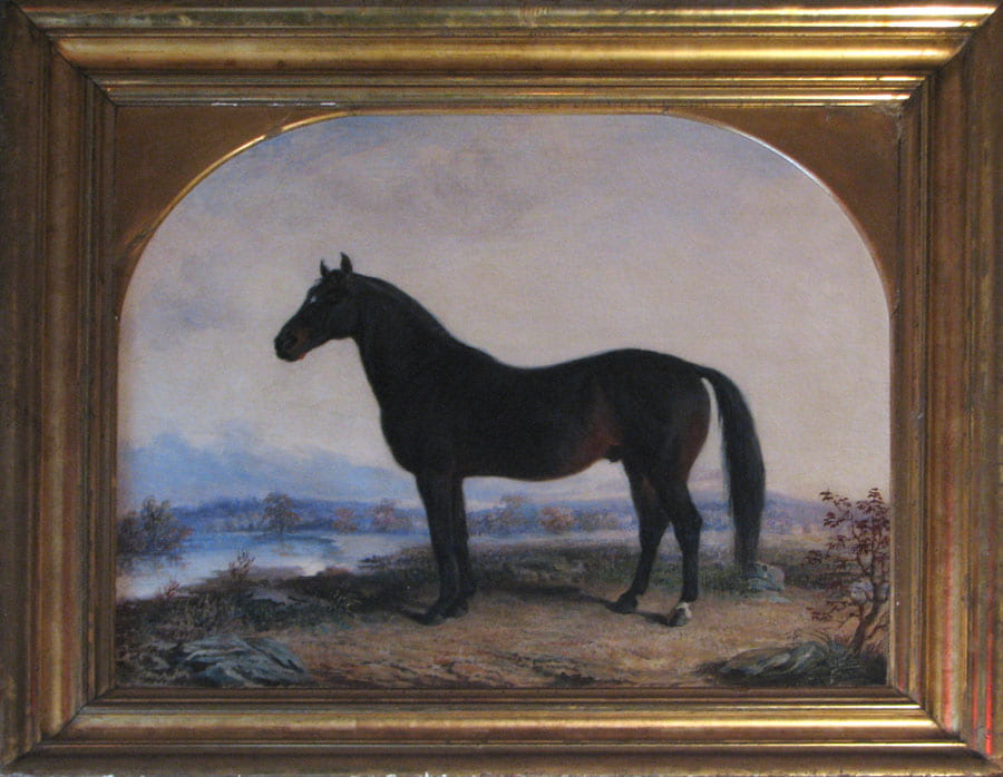 Figure 3. Painting of black horse facing left with river and mountain range in background. 