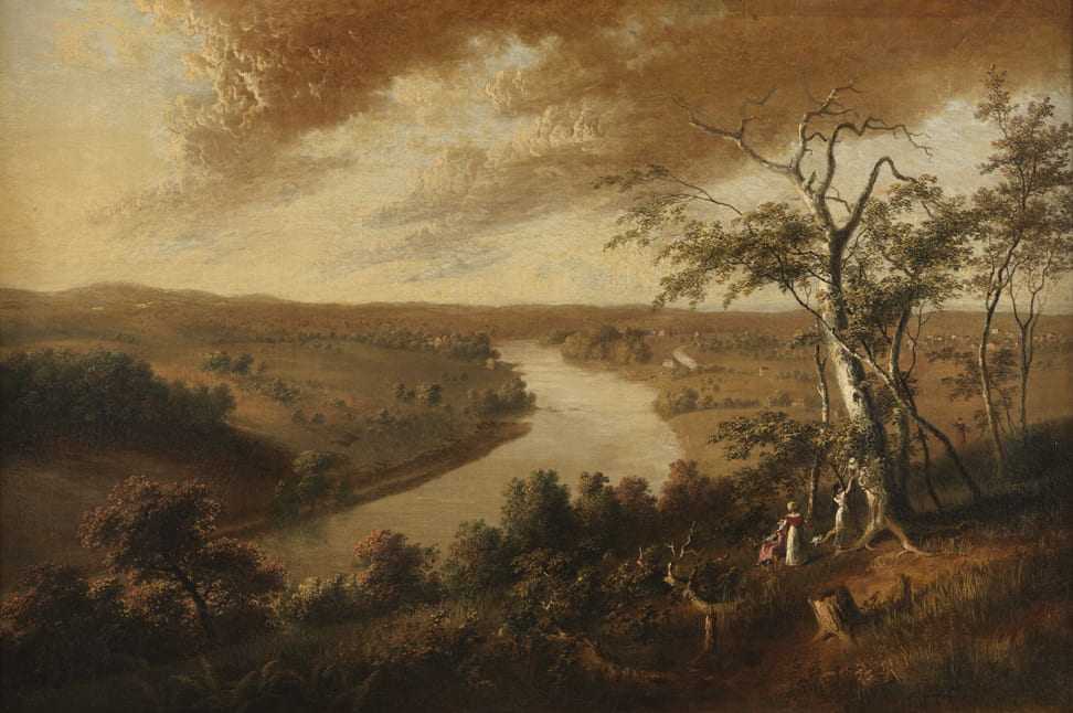 a sepia-toned oil painting of a river landscape