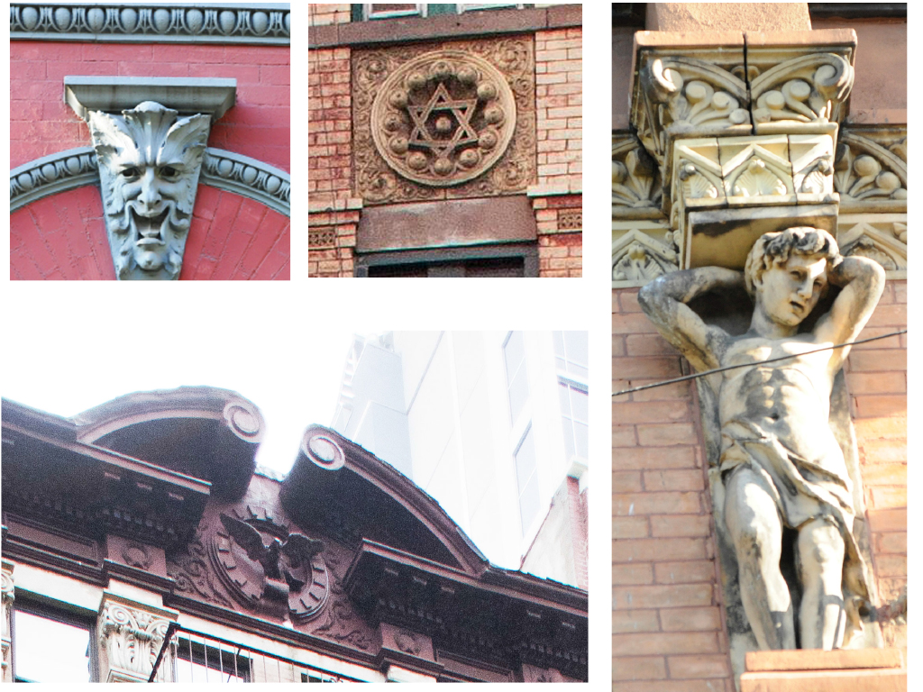 Figure 4: High symbolic ornament from New York tenements. Top right: Grotesque keystone with egg and dart molding from Bernard Klingstein Tenement, 66 E. 7th Street, 1896, George F. Pelham, architect. Top middle: Star of David spandrel panel from Fajbush Libman Tenement, 137 East Broadway, 1887, Herter Brothers, architect. Bottom left: Sheet metal eagle on cornice pediment from J.D. Karst Tenement, 58 E. 4th Street, 1888, Alexander Finkle, architect. Right: caryatid pilaster from August Ruff tenement, 229 E. 10th Street, 1889, Schneider and Herter, architects. (Photos by author, 2011)