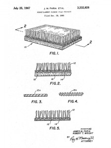Figure 1. Patent drawing for “monofilament ribbon pile product,” also known as “AstroTurf.” James M. Faria and Robert T. Wright, assignors to Monsanto Company, “Monofilament Ribbon Pile Product,” July 25, 1967.