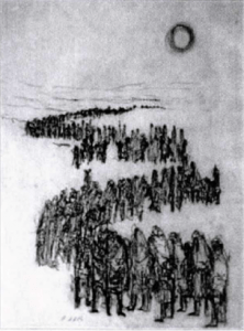 Black and white drawing of a winding line of people