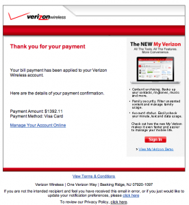 Another phish, this one spoofing Verizon's payment acknowledgement