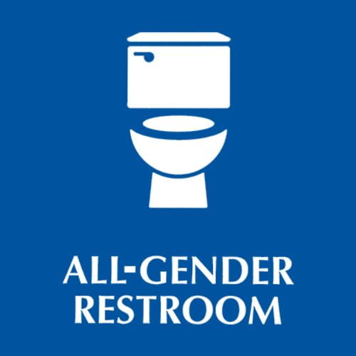 A blue background with a white icon of a toilet and white text that reads All-Gendered Bathroom