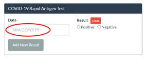 screenshot of covid test result field on portal
