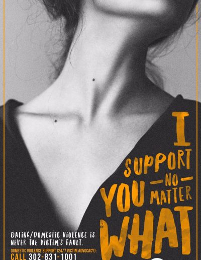 I support you no matter what: Sexual Assault is Never the Victim's fault. Call 302-831-1001 to speak with an SOS advocate