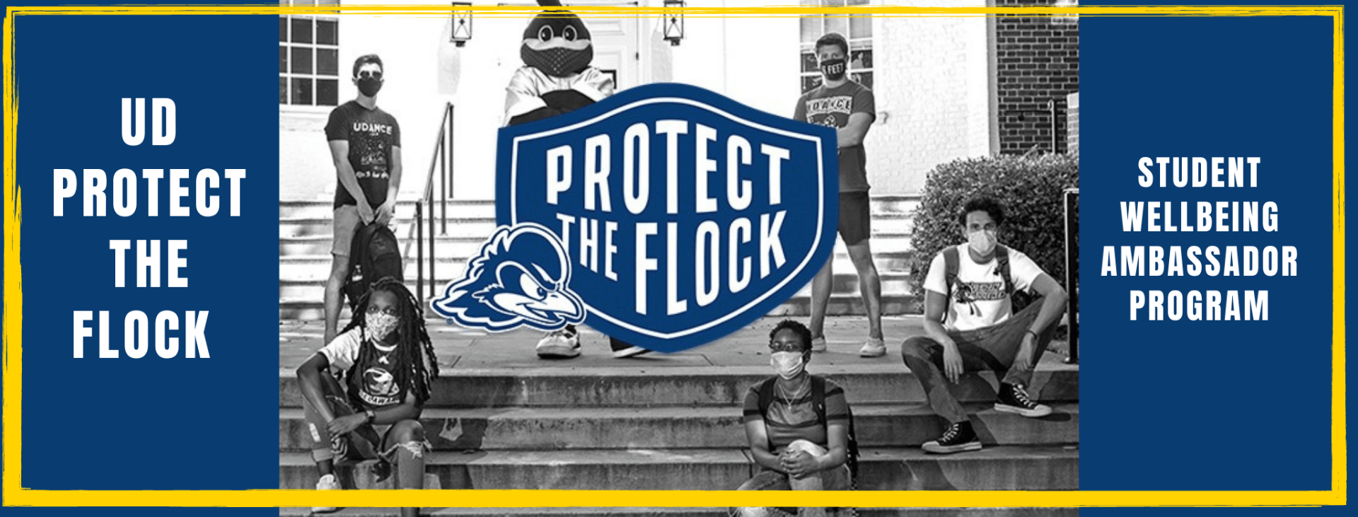 promo banner for new amabassdor program with students and YoUDee wearing masks supporting the protect the flock campaign to reduce covid-19 spread