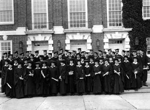 The graduating class of the University of Delaware in 1924. Degree recipients from the Women's College of Delaware stand in the front two rows.
